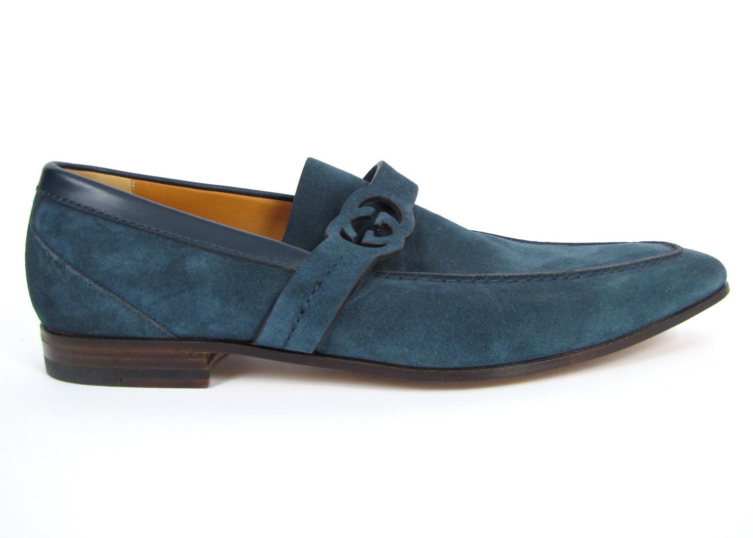 Mens Gucci Blue Suede Double G Logo Leather Loafers Dress Shoes Size 10.5 NEW