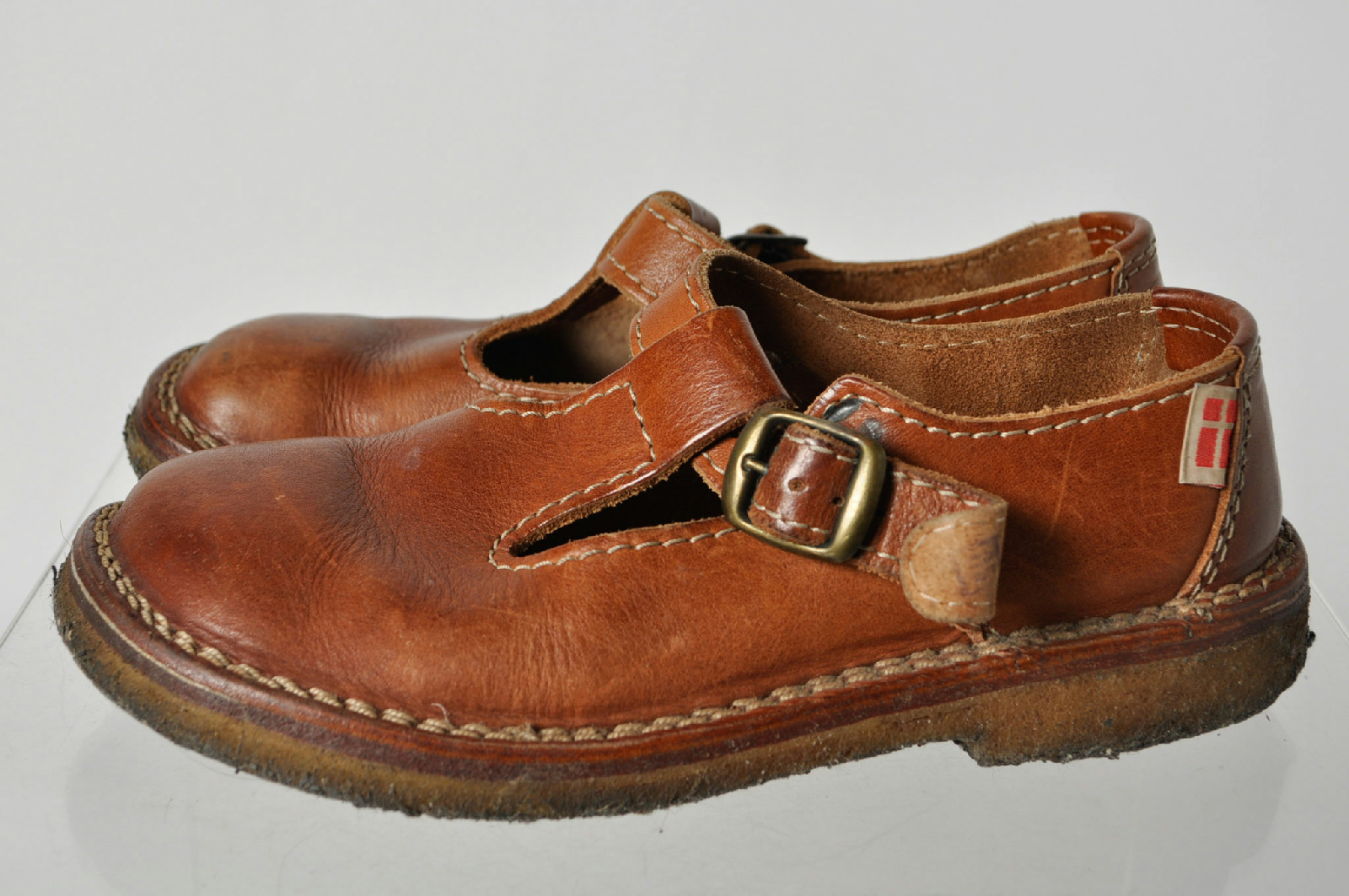 Brown Leather Stitched Mary Janes Shoes