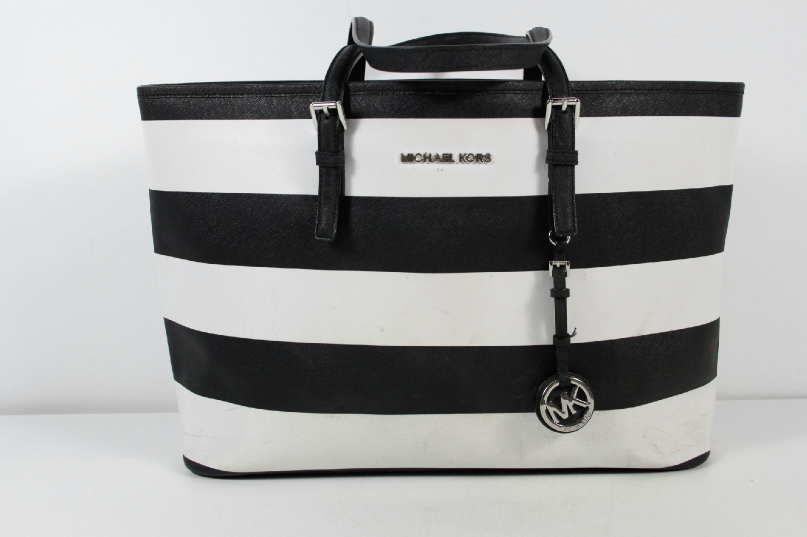 Michael Kors Black White Striped Large Tote Bag