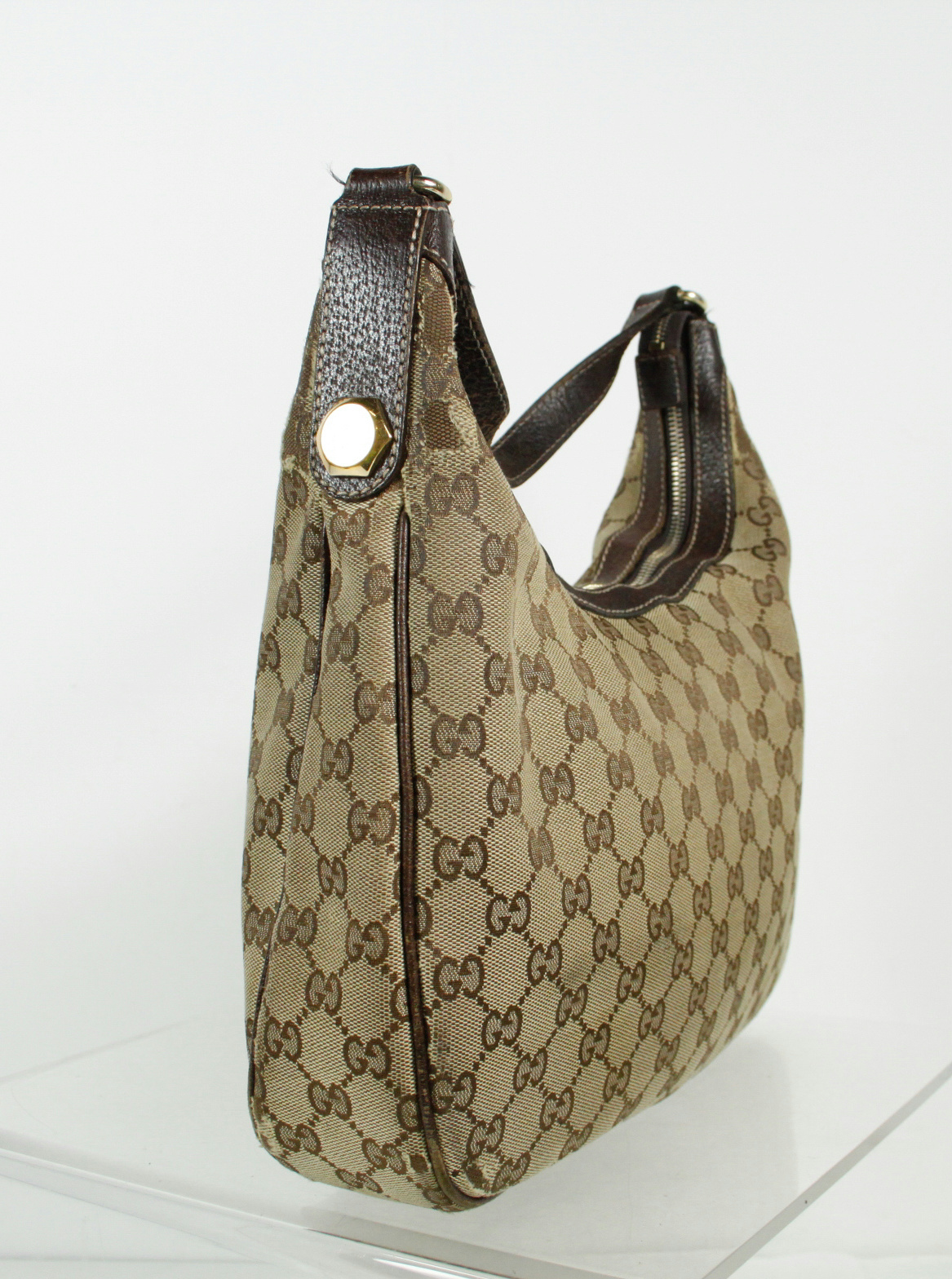Gucci GG Signature Brown Leather Monogram Canvas Small Hobo Bag 153010-204046 | eBay